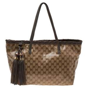 Gucci Beige GG Crystal Canvas Bamboo Tassel Tote