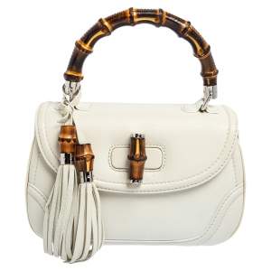 Pre Owned Gucci White Leather Medium Tassel New Bamboo Top Handle Bag
