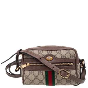 Pre Owned Gucci Beige/Ebony GG Supreme Coated Canvas And Leather Mini Ophidia Crossbody Bag