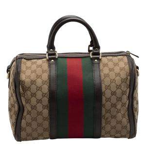 Gucci Beige/Brown GG Canvas Leather Medium Vintage Web Boston Bag