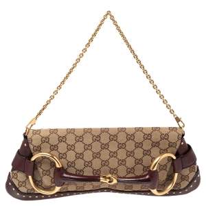 Pre Owned Gucci Burgundy/Beige GG Canvas and Leather Horsebit Studded Chain Clutch
