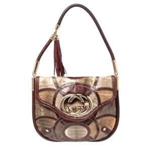 مملوكة مسبقًا Gucci Burgundy/Beige Python Medium Britt Tassel Hobo