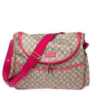 Pre Owned Gucci Pink/Beige Coated Canvas and Leather Floral Print Diaper Messenger Bag