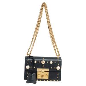 Pre Owned Gucci Black Leather Small Pearl Studded Padlock Shoulder Bag