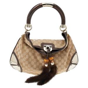 Gucci Beige/Metallic Brown GG Canvas And Leather Small Mink Indy Hobo
