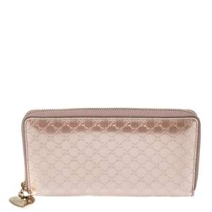 Gucci Metallic Beige Microguccissima Glossy Leather Zip Around Wallet