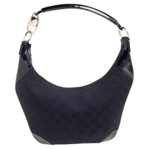 Pre Owned Gucci Black/Blue GG Canvas and Patent Leather Hobo