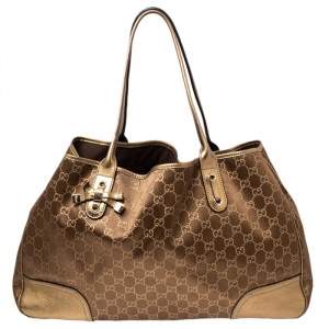 Pre Owned Gucci Brown/Gold GG Fabric and Leather Large Princy Tote