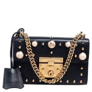 مملوكة مسبقًا Gucci Black Leather Small Pearl Studded Padlock Shoulder Bag
