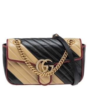 Pre Owned Gucci Tricolor Diagonal Quilt Leather Super Mini GG Marmont Torchon Crossbody Bag