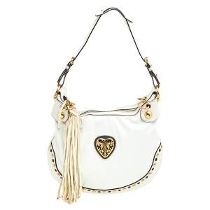 Pre Owned Gucci White Leather Studded Babouska Heart Hobo