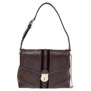 Pre Owned Gucci Brown Leather And Velvet Guccissima Treasure Flap Shoulder Bag
