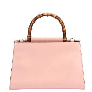 Pre Owned Gucci Pink Calfskin Leather Bamboo Nymphaea Medium Shoulder Bag