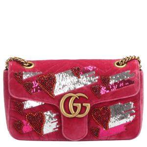 Gucci Pink Velvet GG Marmont Sequin Heart Small Shoulder Bag
