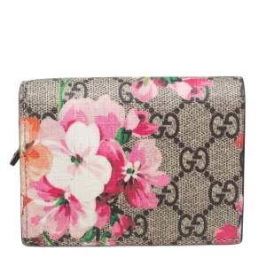 Gucci Pink/Beige GG Supreme Canvas and Leather Blooms Card Case Wallet