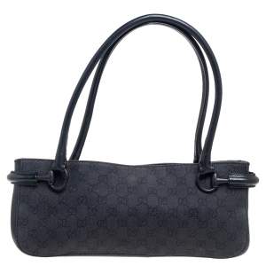 Gucci Black GG Canvas and Leather Baguette Bag
