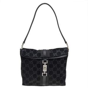 Pre Owned Gucci Black GG Print Suede And Leather Hobo
