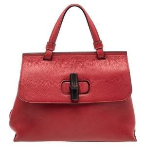 Pre Owned Gucci Red Leather Small Bamboo Daily Top Handle Bag
