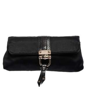 Gucci Black Satin and Snakeskin Bamboo Croisette Clutch