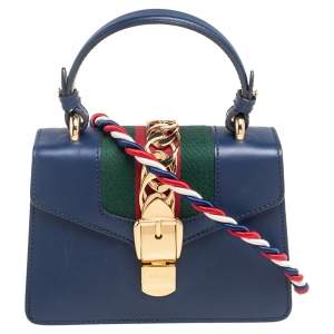 Pre Owned Gucci Blue Leather Mini Web Chain Sylvie Top Handle Bag