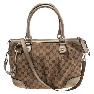 مملوكة مسبقًا Gucci Metallic Gold/Beige GG Canvas and Leather Medium Sukey Tote
