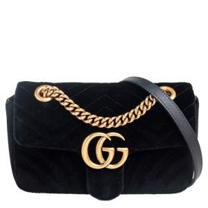 Gucci Black Velvet GG Marmont Matelassé Mini Crossbody Bag