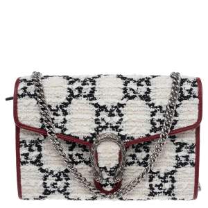 Pre Owned Gucci White/Red Tweed and Leather Mini Dionysus Shoulder Bag