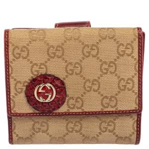 مملوكة مسبقًا Gucci Beige/Red GG Canvas and Leather Interlocking G French Wallet