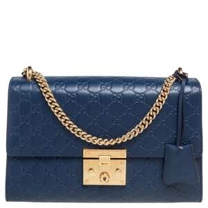 Pre Owned Gucci Navy Blue Guccissima Leather Medium Padlock Shoulder Bag