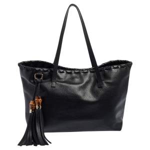 Pre Owned Gucci Black Pebbled Calfskin Leather Bamboo Tassel Tote 