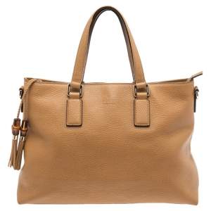 Gucci Tan Pebbled Leather Bamboo Tassel Tote
