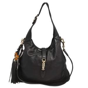 Pre Owned Gucci Black Leather New Jackie Bamboo Hobo