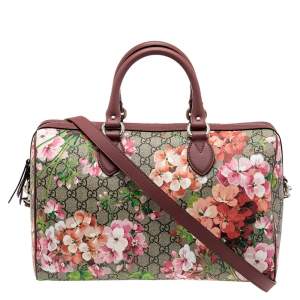 Pre Owned Gucci Pink/Beige GG Supreme Canvas Medium Blooms Boston Bag