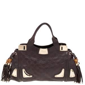 Pre Owned Gucci Brown Guccissima Leather Bamboo Tassel Indy Satchel