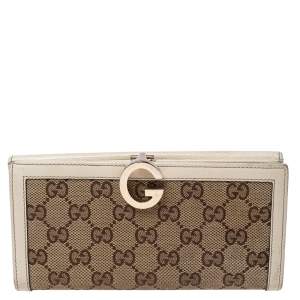 Gucci White/Beige GG Canvas and Leather G Bit Flap Continental Wallet