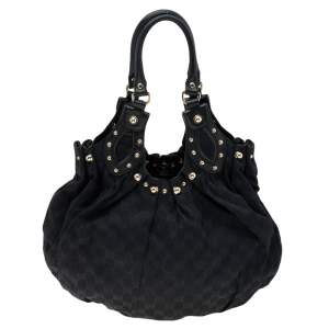 Pre Owned Gucci Black GG Canvas and Leather Studded Pelham Bag 