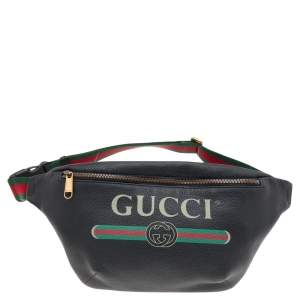 Gucci Black Pebbled Leather Logo Web Belt Bag