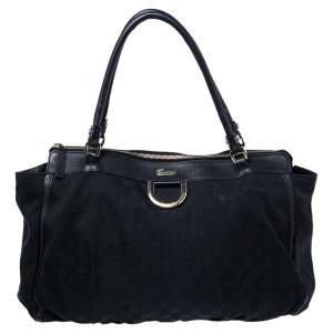 Pre Owned Gucci Black/Navy Blue GG Canvas and Leather D-Ring Tote