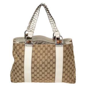 Gucci Brown/White GG Canvas and Leather Medium Bamboo Bar Tote