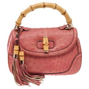 Pre Owned Gucci Orange Ostrich Leather Bamboo Top Handle Bag