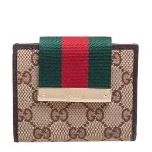 Gucci Brown/Beige GG Canvas and Leather Web Flap Compact Wallet