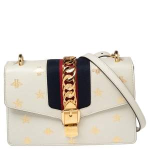 Pre Owned Gucci White Bee Star Print Leather Small Sylvie Web Chain Shoulder Bag         