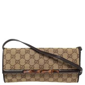 Gucci Beige/Choco Brown GG Canvas and Leather Bamboo Bar Clutch 