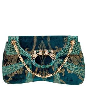 Pre Owned Gucci Green Printed Velvet and Crocodile Limited Edition Tom Ford Dragon Shoulder Bag
