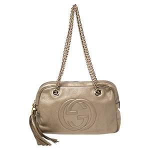 Pre Owned حقيبة كتف غوتشي سلسلة سوهو متوسطة جلد ذهبي ميتالك