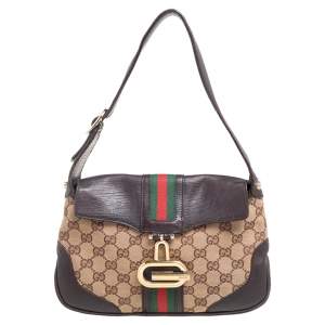 مملوكة مسبقًا حقيبة كتف غوتشي جلد وكانفاس GG بيج / بني بإبزيم G  
