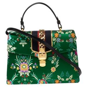 Gucci Green Floral Embroidered Jacquard Medium Sylvie Top Handle Bag