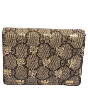 Gucci Beige GG Supreme Canvas and Leather Bee Print Card Case