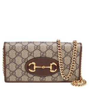 Gucci Brown/Beige GG Supreme Coated Canvas and Leather Horsebit 1955 Wallet on Chain