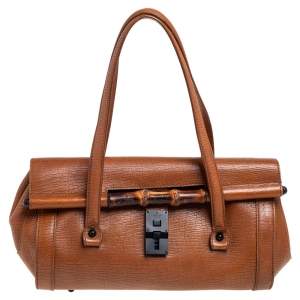Pre Owned Gucci Brown Leather Bamboo Bullet Satchel